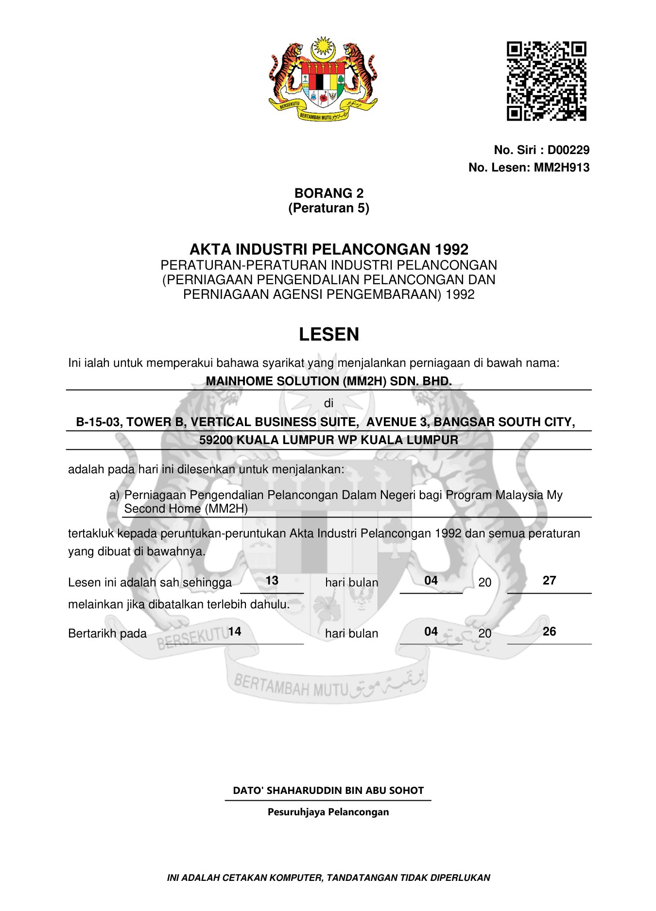 MOTAC MM2H License MM2H913 - Mainhome Solution (MM2H) Sdn. Bhd. (valid until 13/04/2027)